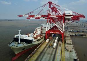 Red and white cranes and 澳博体育app下载 ship at Zhendong Container Terminal, Shanghai International Port